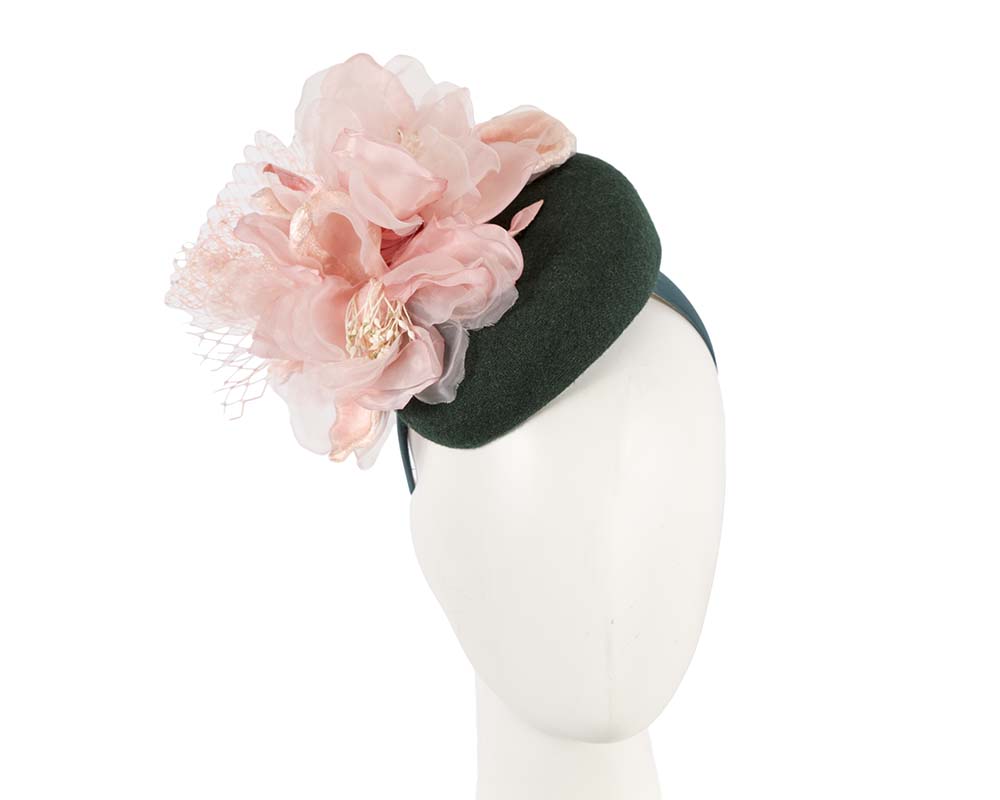 Green & pink pillbox with large flower by Fillies Collection - Hats From OZ